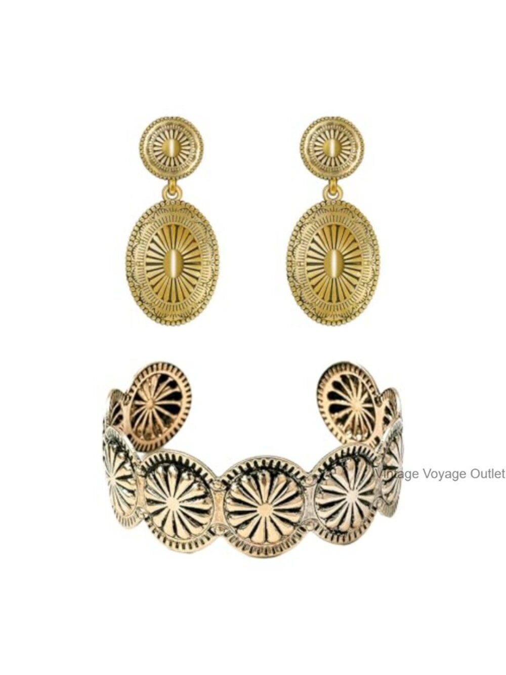 Western Concho Dangle Earrings & Cuff Bracelet Jewelry Set Boho Chic